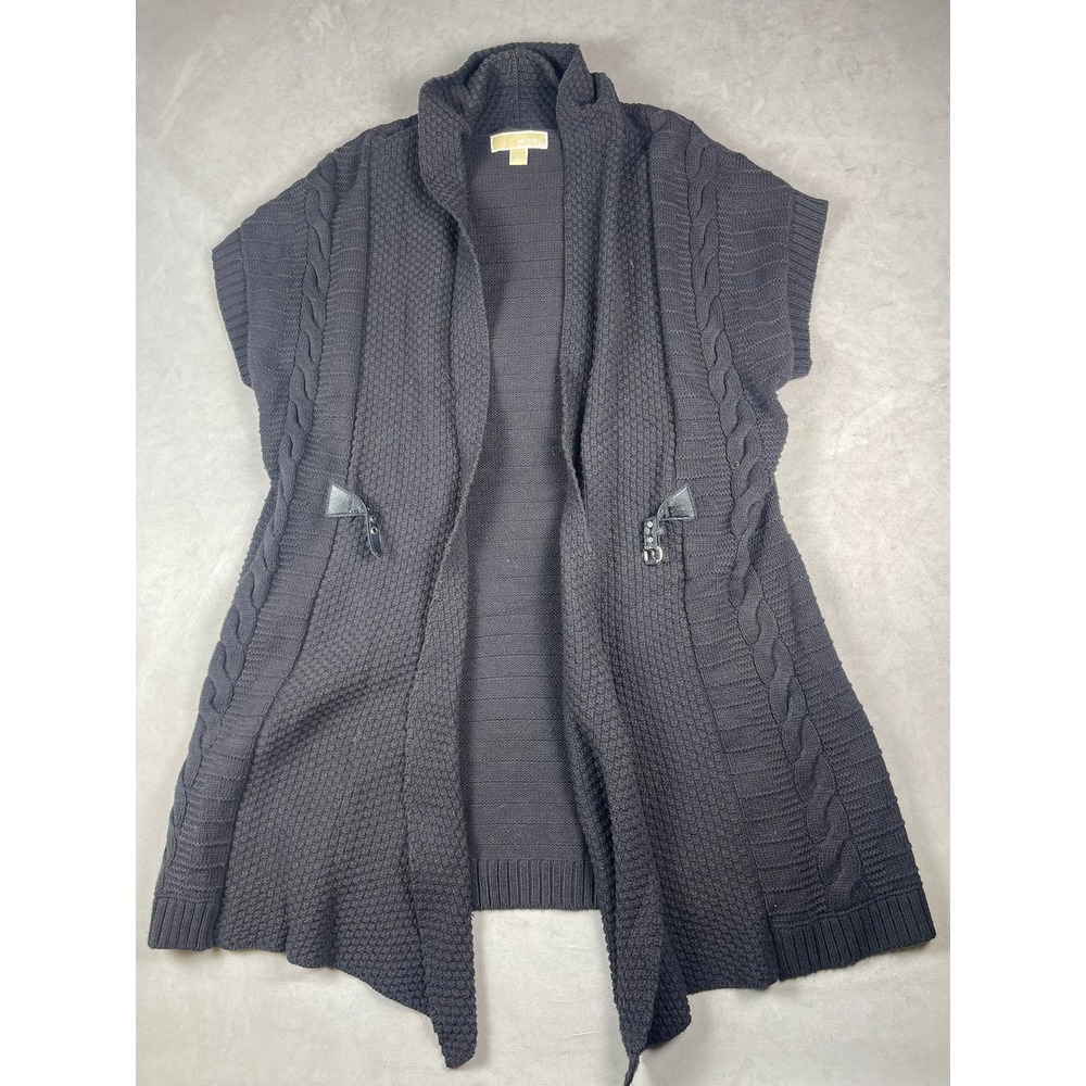 Michael Kors Charcoal Grey Cable‎ Knit Open Front Cardigan Vest Buckle Detail L